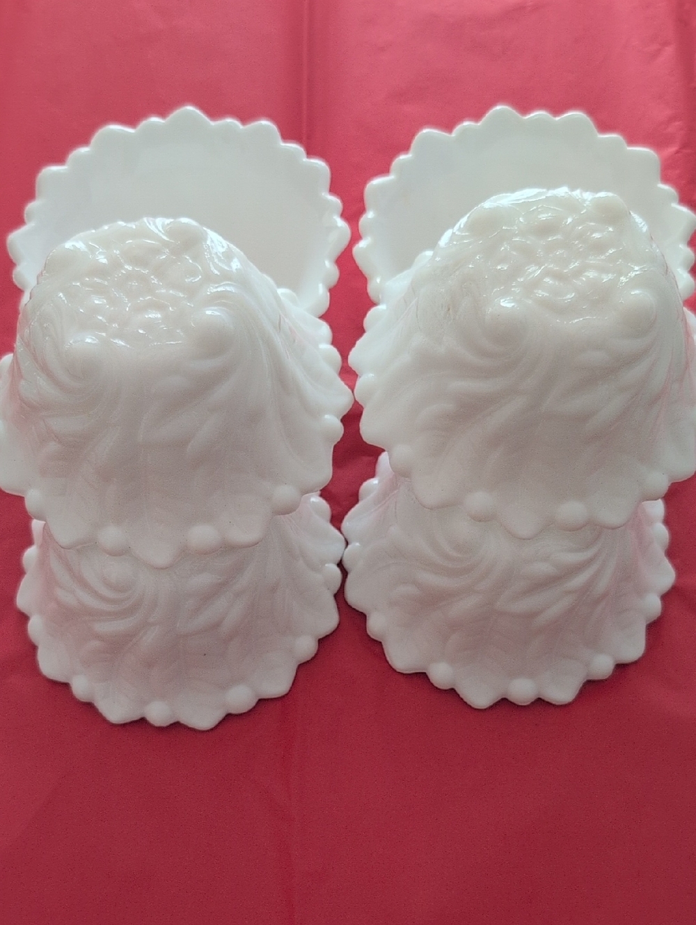Set of Six Vintage Indiana Milk Glass Wild Rose Berry Embossed Dessert Bowls